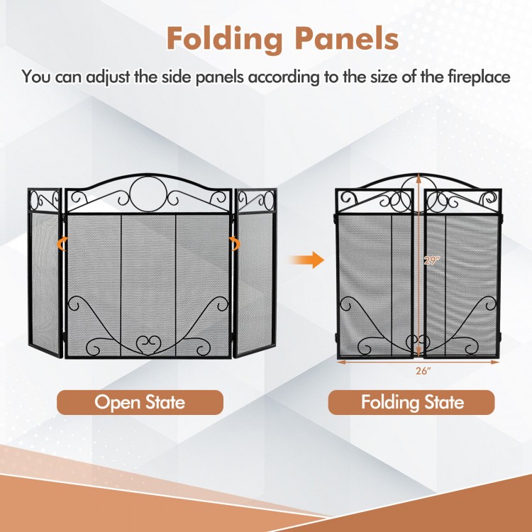 3-panel freestanding fireplace screen in open and folded states, featuring a sturdy steel frame and decorative.